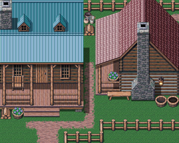 功能齐全、细节丰富的像素乡村原木小屋素材