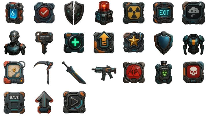 24个免费AI辅助生成高清2D赛博朋克战术图标素材