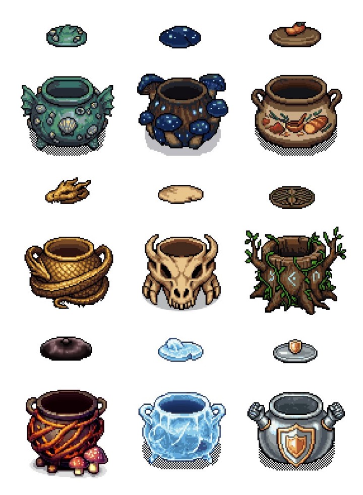 18款AI辅助生成主题各异的像素炼金坩埚和图标素材