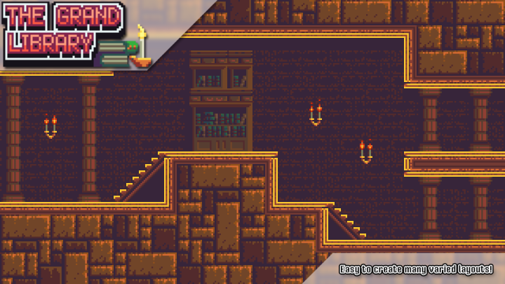 恶魔城风格的像素风横版卷轴游戏宏伟图书馆图块集素材