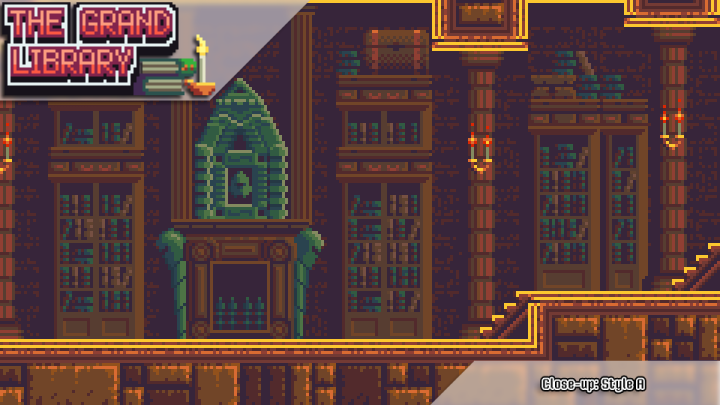 恶魔城风格的像素风横版卷轴游戏宏伟图书馆图块集素材