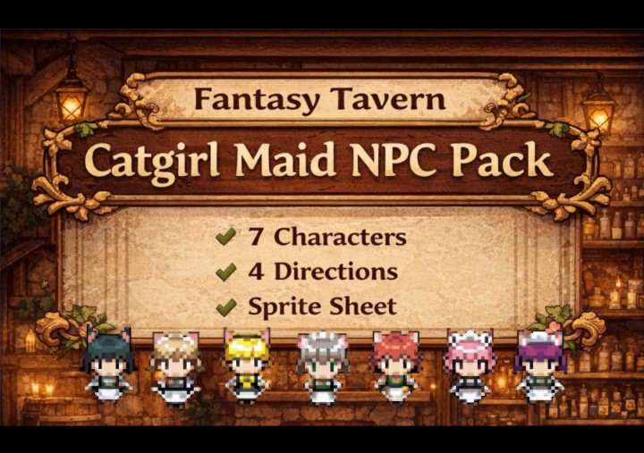 7个独特的像素奇幻酒馆猫娘女仆NPC动画素材