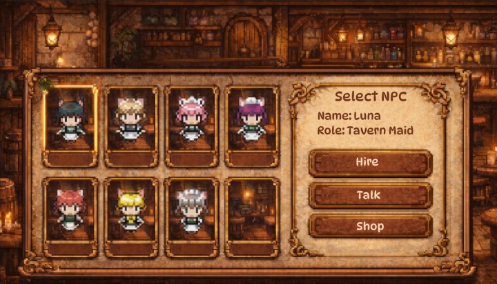 7个独特的像素奇幻酒馆猫娘女仆NPC动画素材