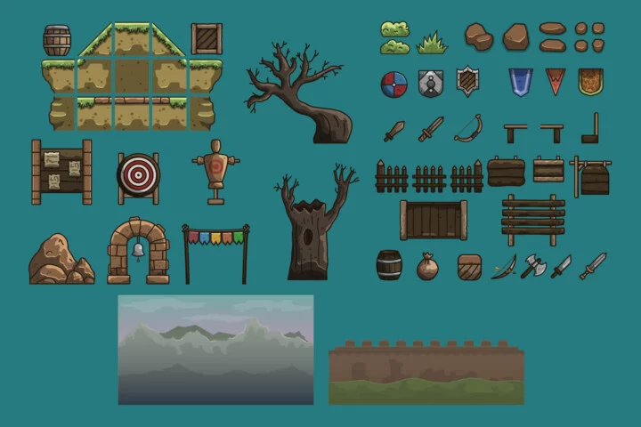 卡通风格的矢量2D中世纪训练场图块集素材