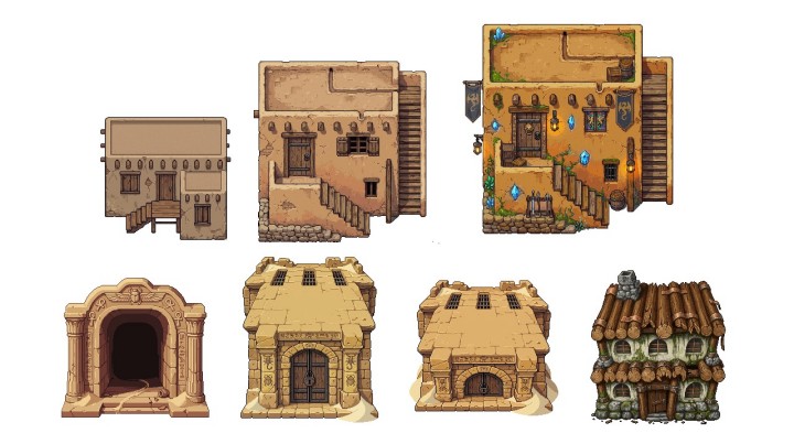 56个免费高质量的AI辅助生成像素奇幻建筑与道具素材