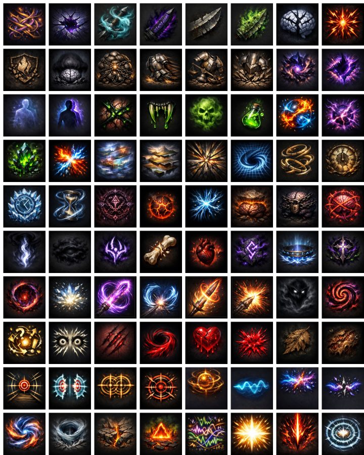 800+的AI辅助生成超大型RPG游戏技能图标素材