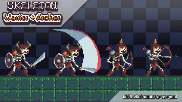 一组精美诡异的像素骷髅战士和弓箭手角色动画素材