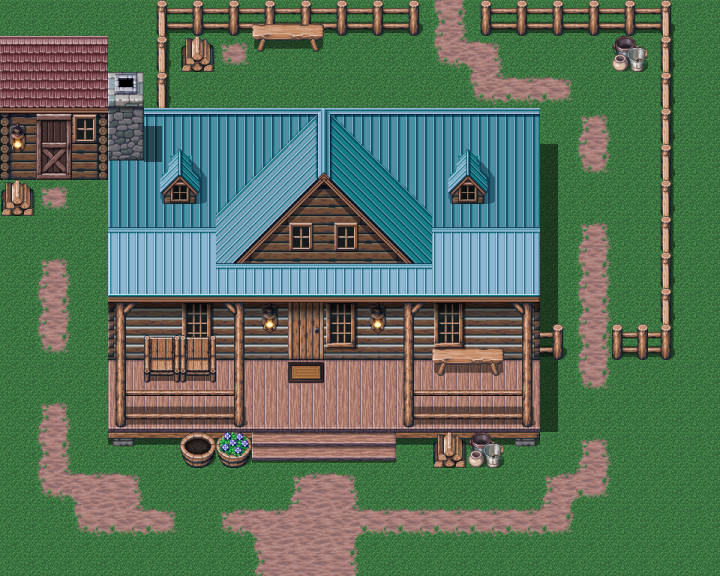 功能齐全、细节丰富的像素乡村原木小屋素材