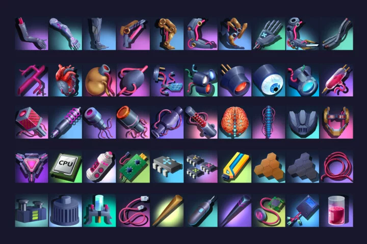 50个高清512*512赛博朋克2D植入物品主题图标素材