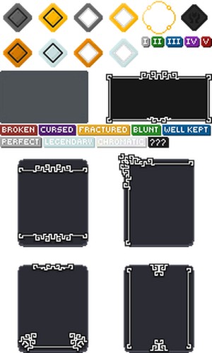 一套免费暗黑主题的相似UI面板、稀有度符号和状态标签素材