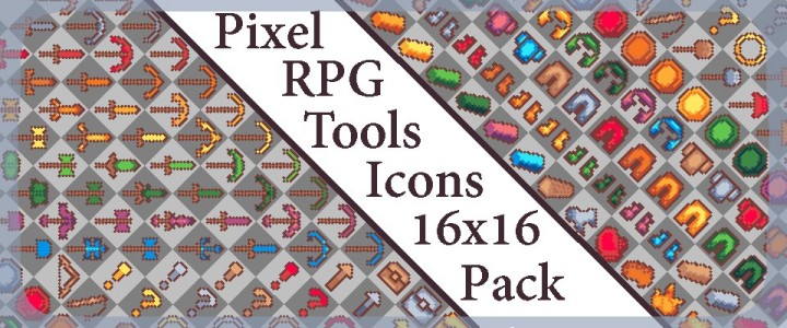 16*16的像素RPG游戏工具和武器图标素材