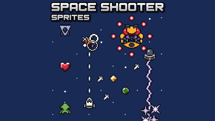 完整的竖版像素太空射击游戏资产素材
