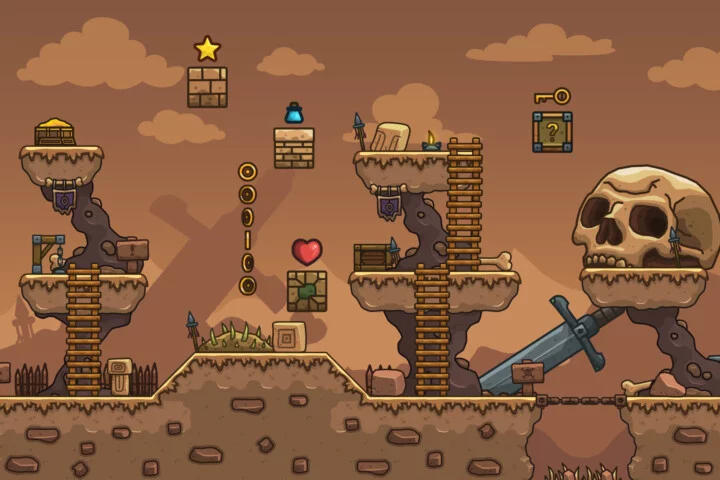 精美的卡通矢量2D古代泰坦遗骸平台游戏图块集素材