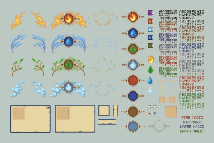 精美的奇幻像素RPG游戏魔法和咒语技能书UI和图标素材
