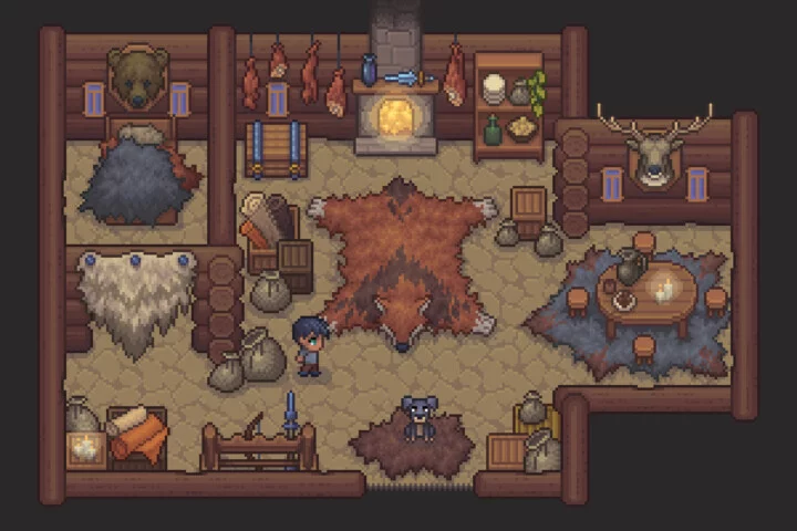 精美的自上而下像素奇幻猎人小屋素材