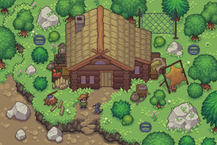 精美的自上而下像素奇幻猎人小屋素材