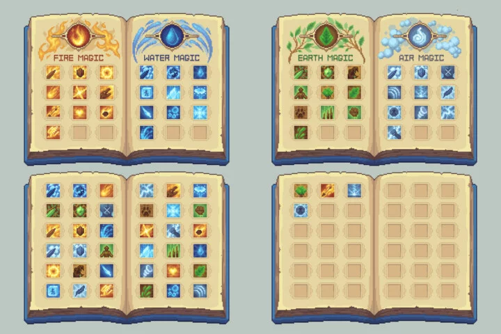 精美的奇幻像素RPG游戏魔法和咒语技能书UI和图标素材