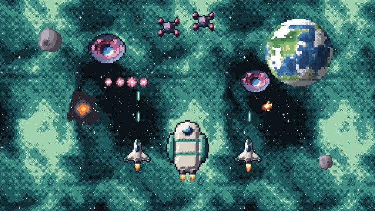 24艘俯视角的像素太空射击游戏太空船动画素材
