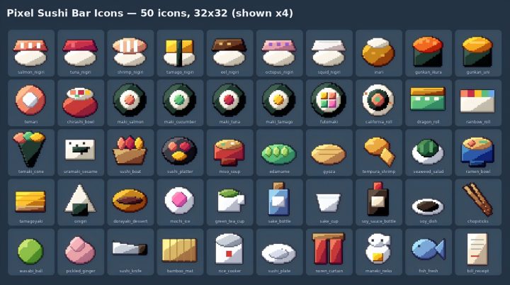 50个32*32的像素风寿司店食物图标素材