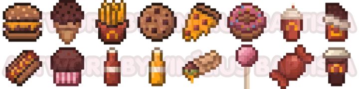 16个手工绘制的像素迷你食物图标素材