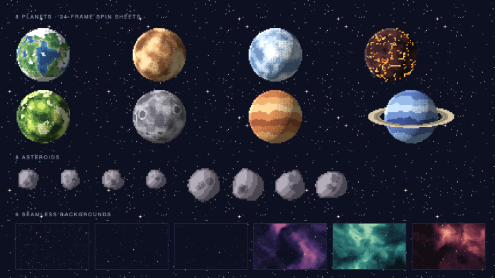 精美的像素太空行星、小行星和星云背景图片素材